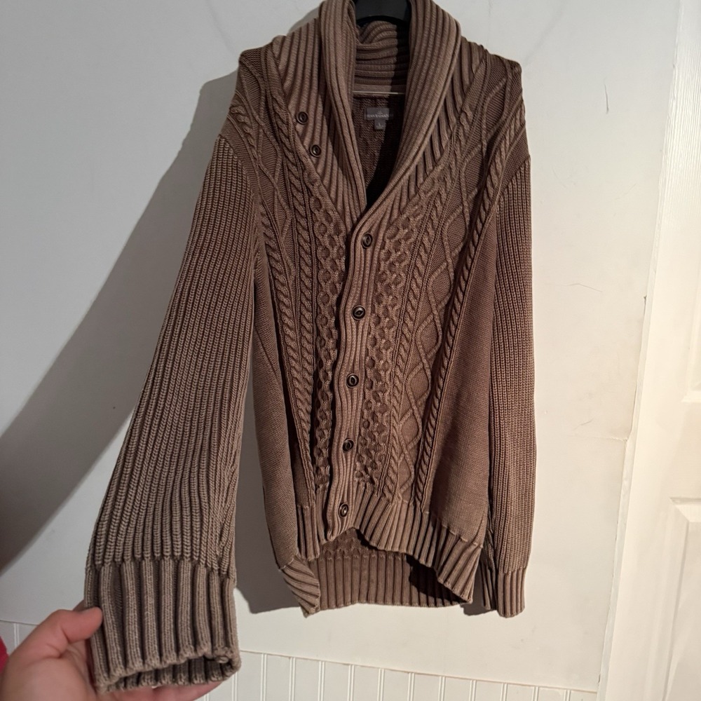 LL Bean Signature Men Size Large Sweater Cardigan Shawl Fisherman Knit Brown Top